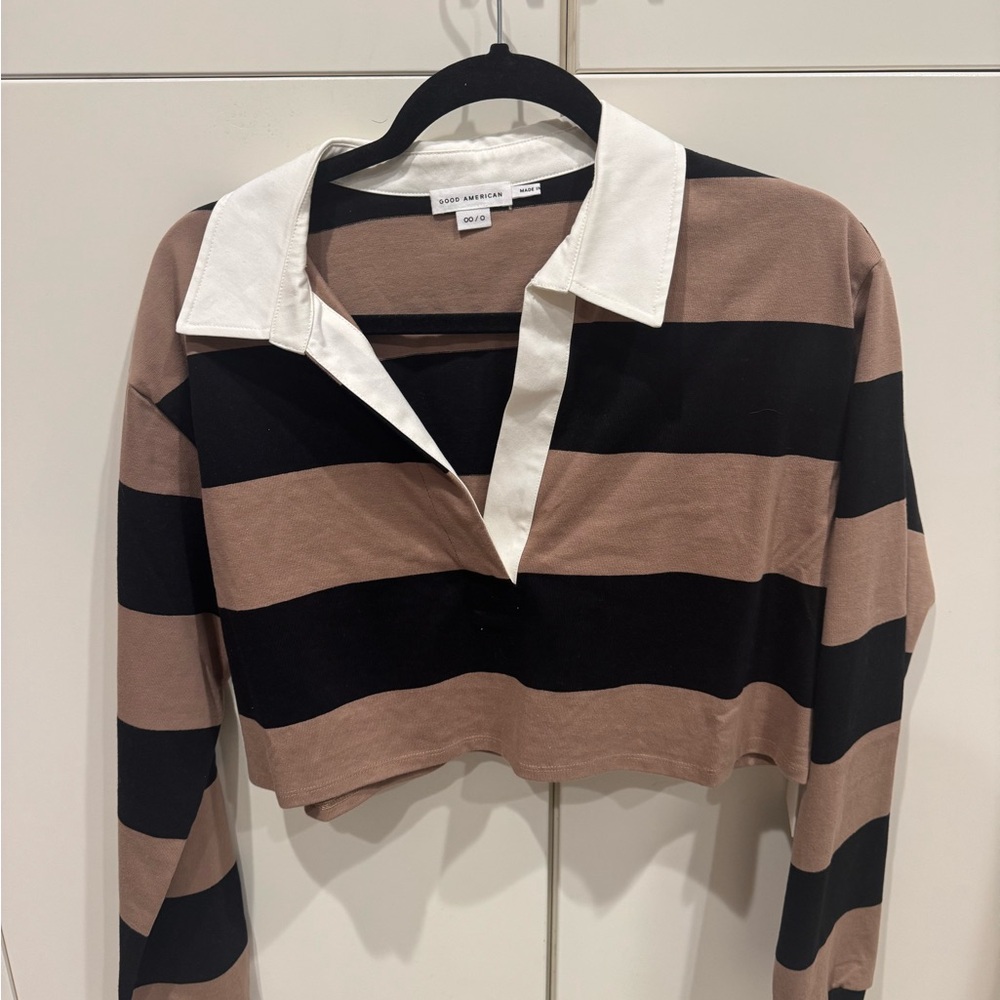 Good American Black and Tan Striped Crop Top
